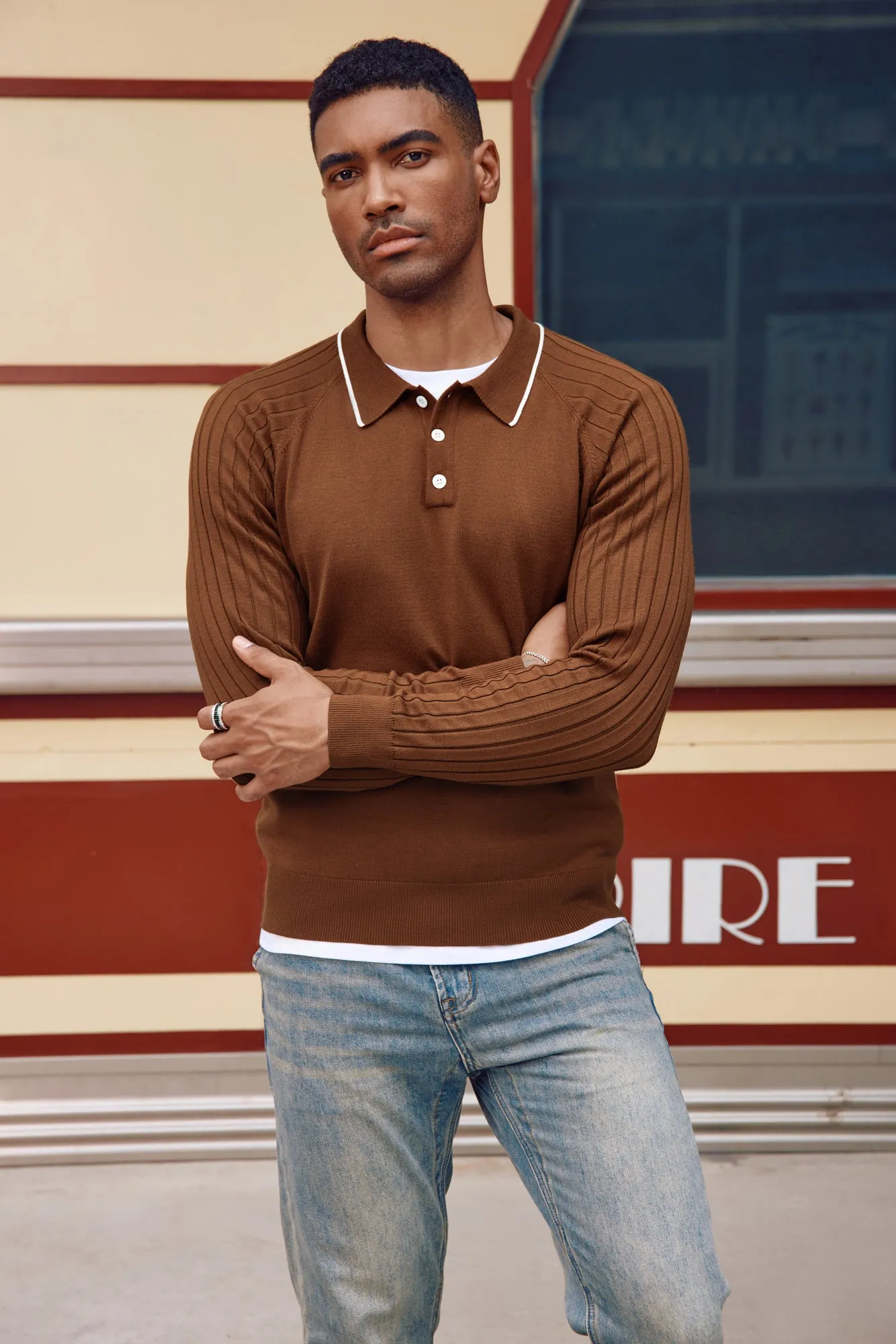 Men's Pullover Sweater Casual Raglan Sleeves Knit Polo Sweaters