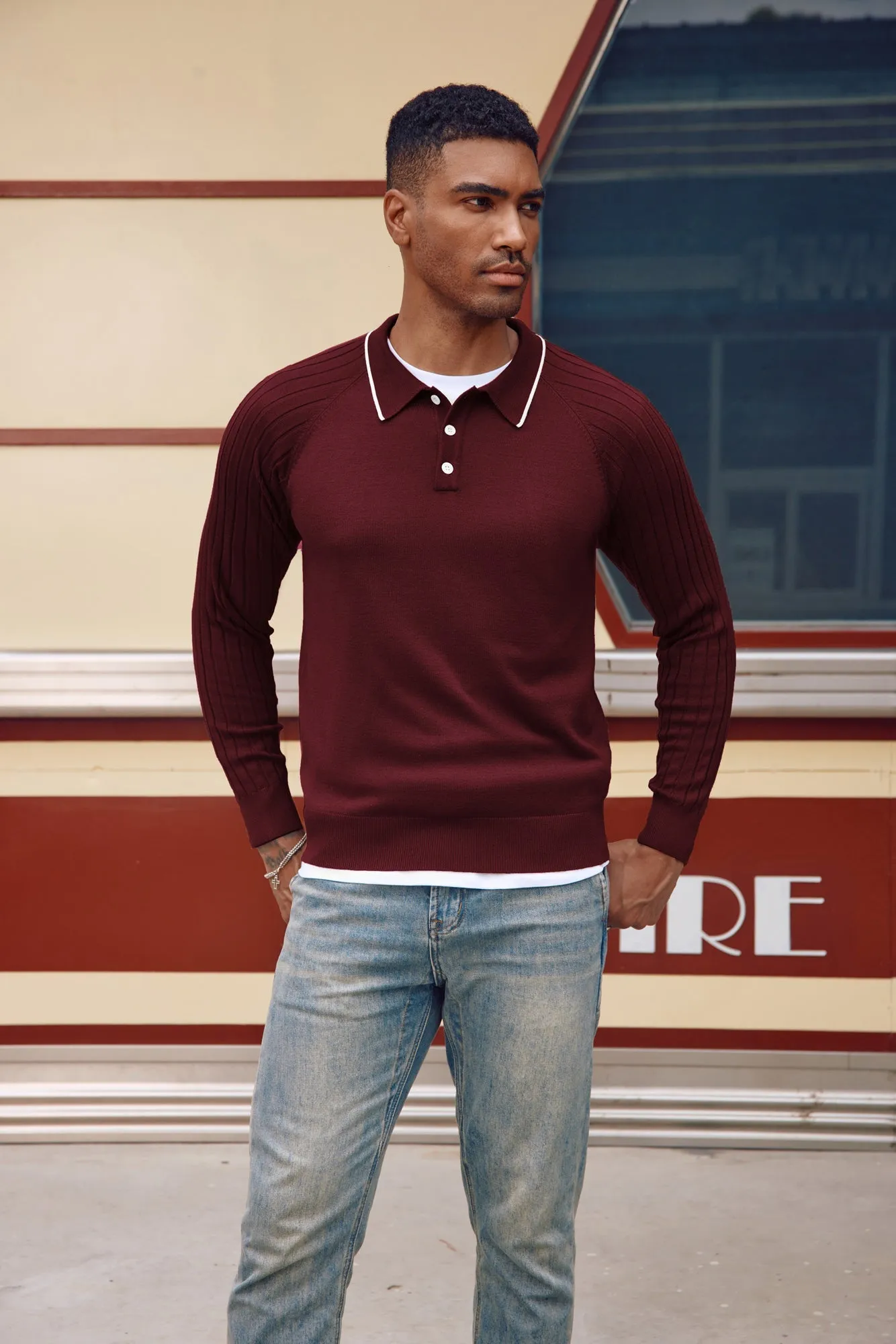 Men's Pullover Sweater Casual Raglan Sleeves Knit Polo Sweaters