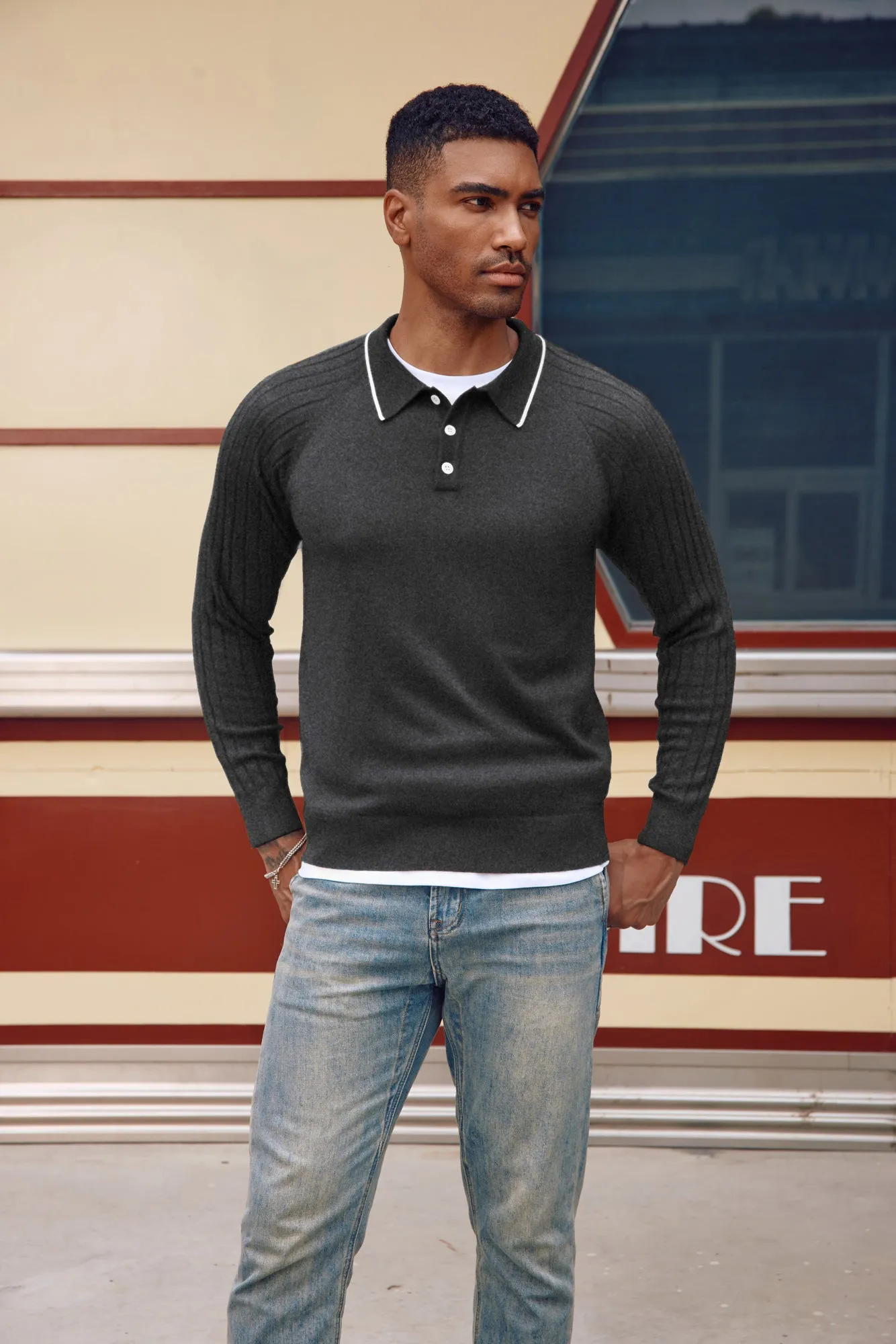 Men's Pullover Sweater Casual Raglan Sleeves Knit Polo Sweaters