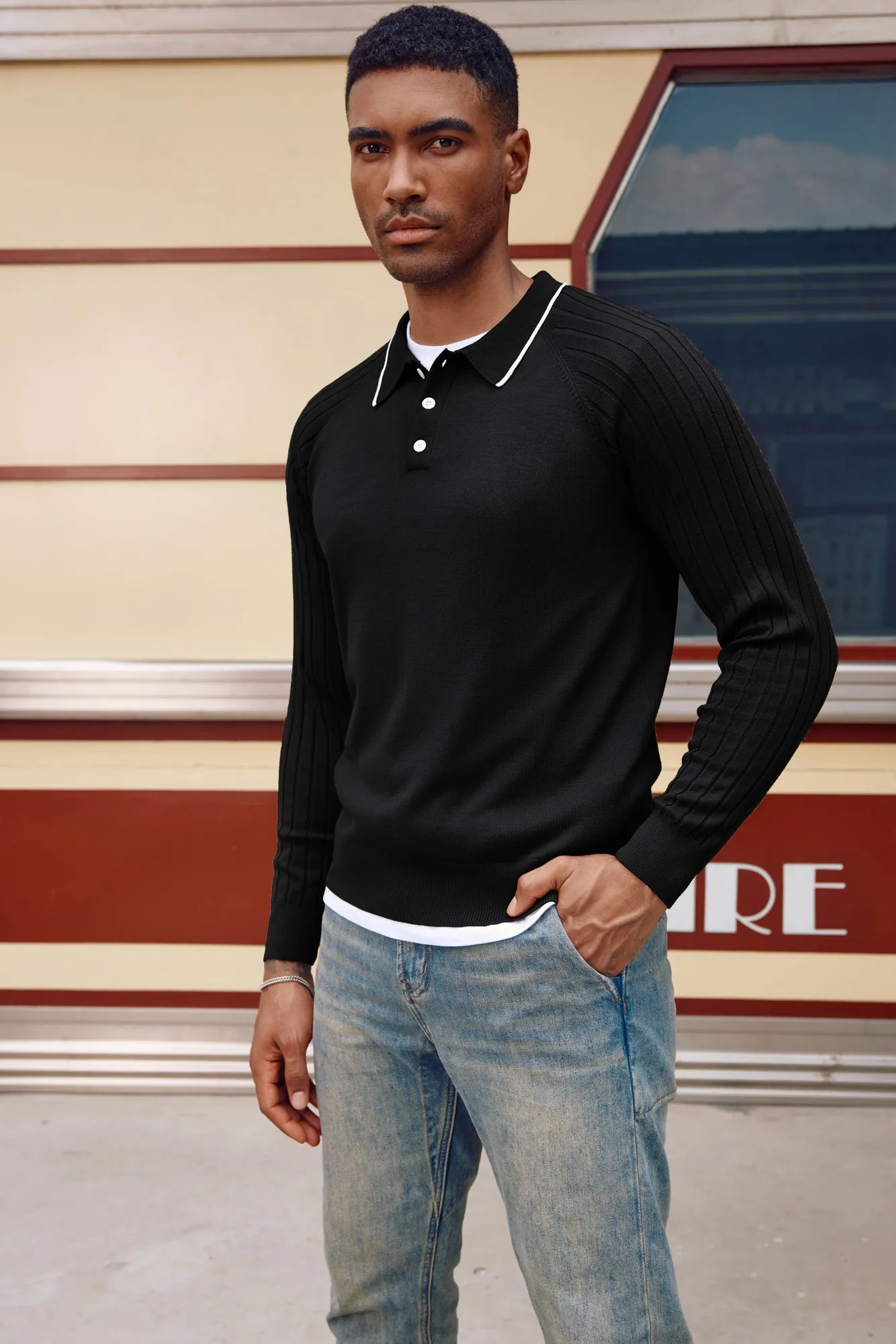 Men's Pullover Sweater Casual Raglan Sleeves Knit Polo Sweaters