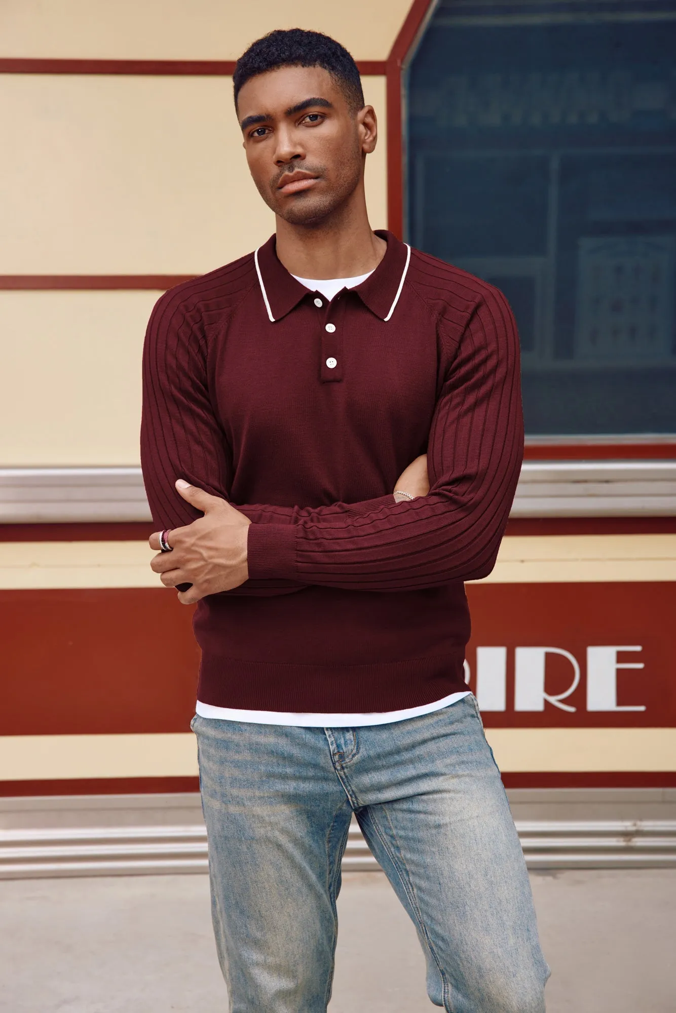 Men's Pullover Sweater Casual Raglan Sleeves Knit Polo Sweaters