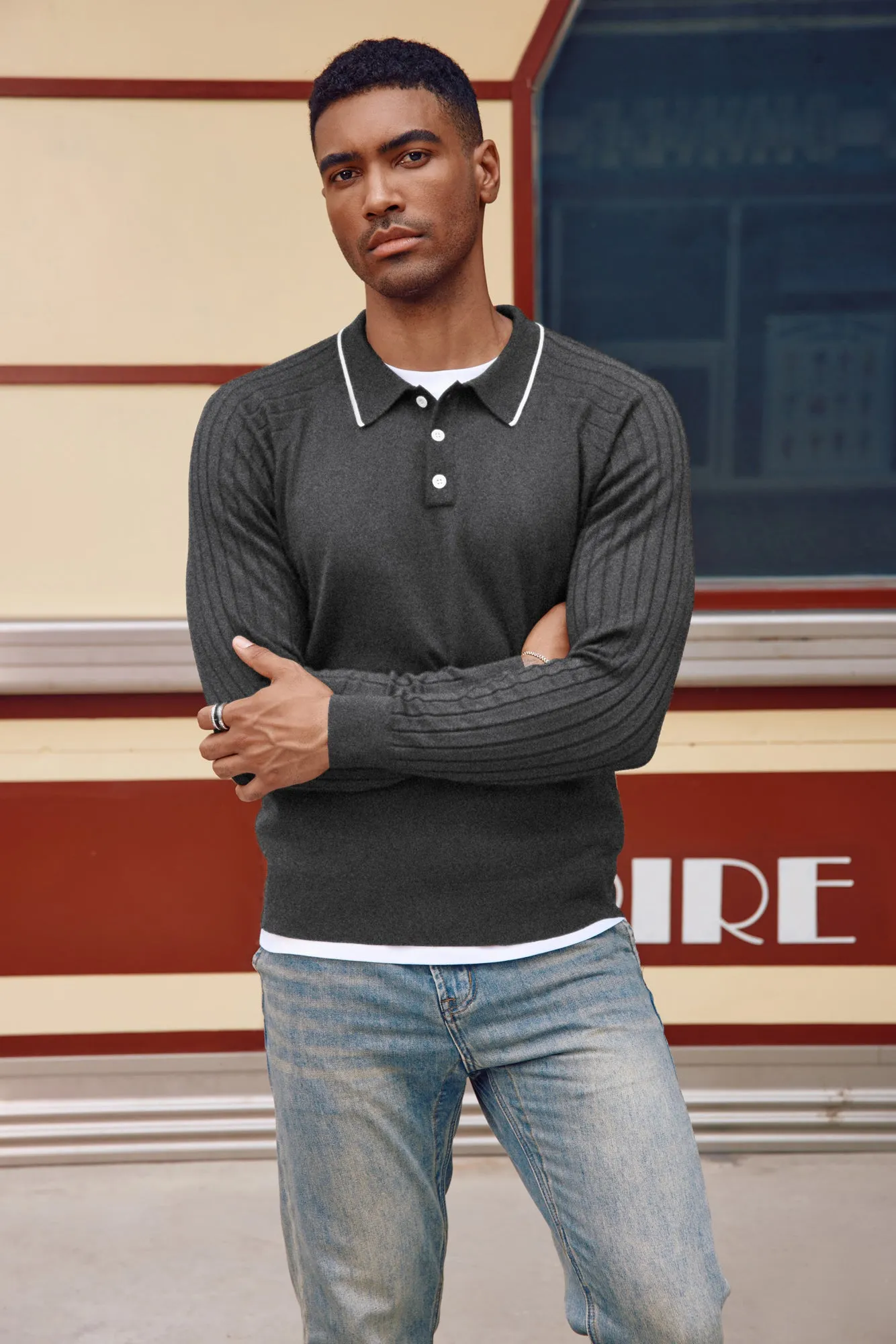 Men's Pullover Sweater Casual Raglan Sleeves Knit Polo Sweaters