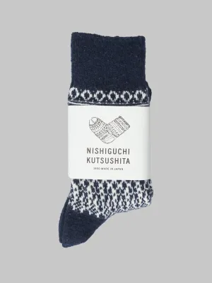 Nishiguchi Kutsushita Wool Jacquard Socks Berlin Blue