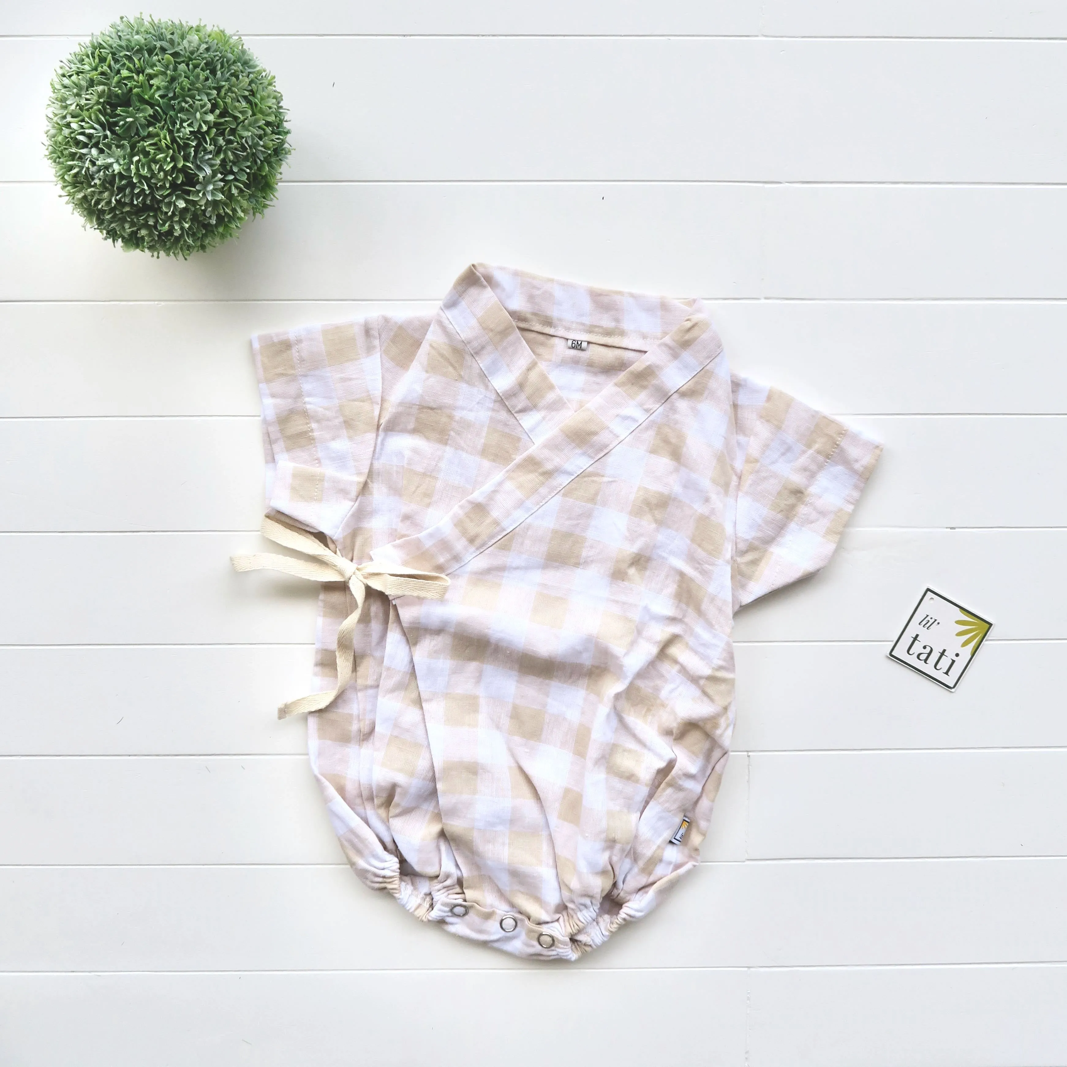 Sakura Kimono Onesie in Beige Checkered Linen