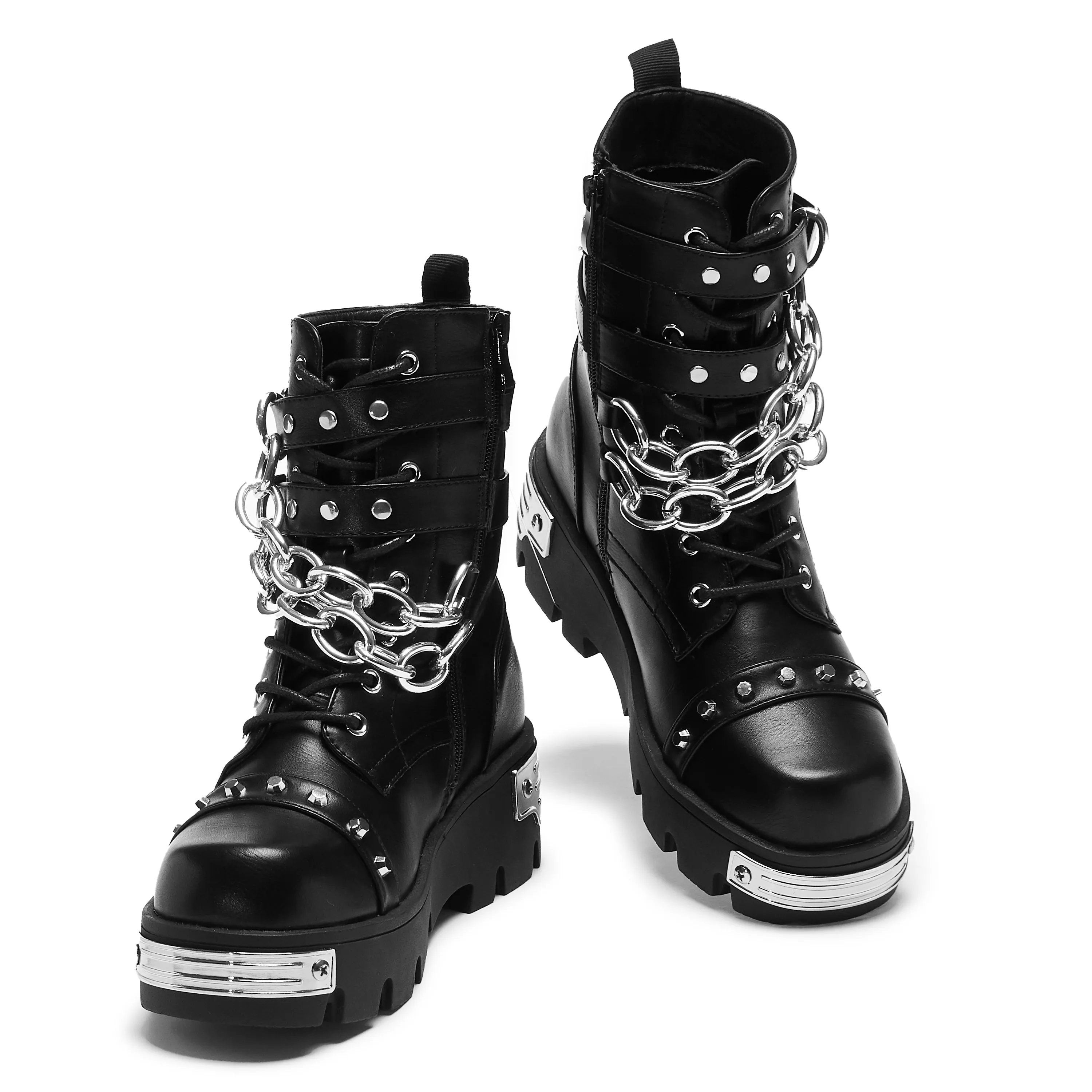 Black Heavy-Duty Chain Biker Boots with Shackled Shadows