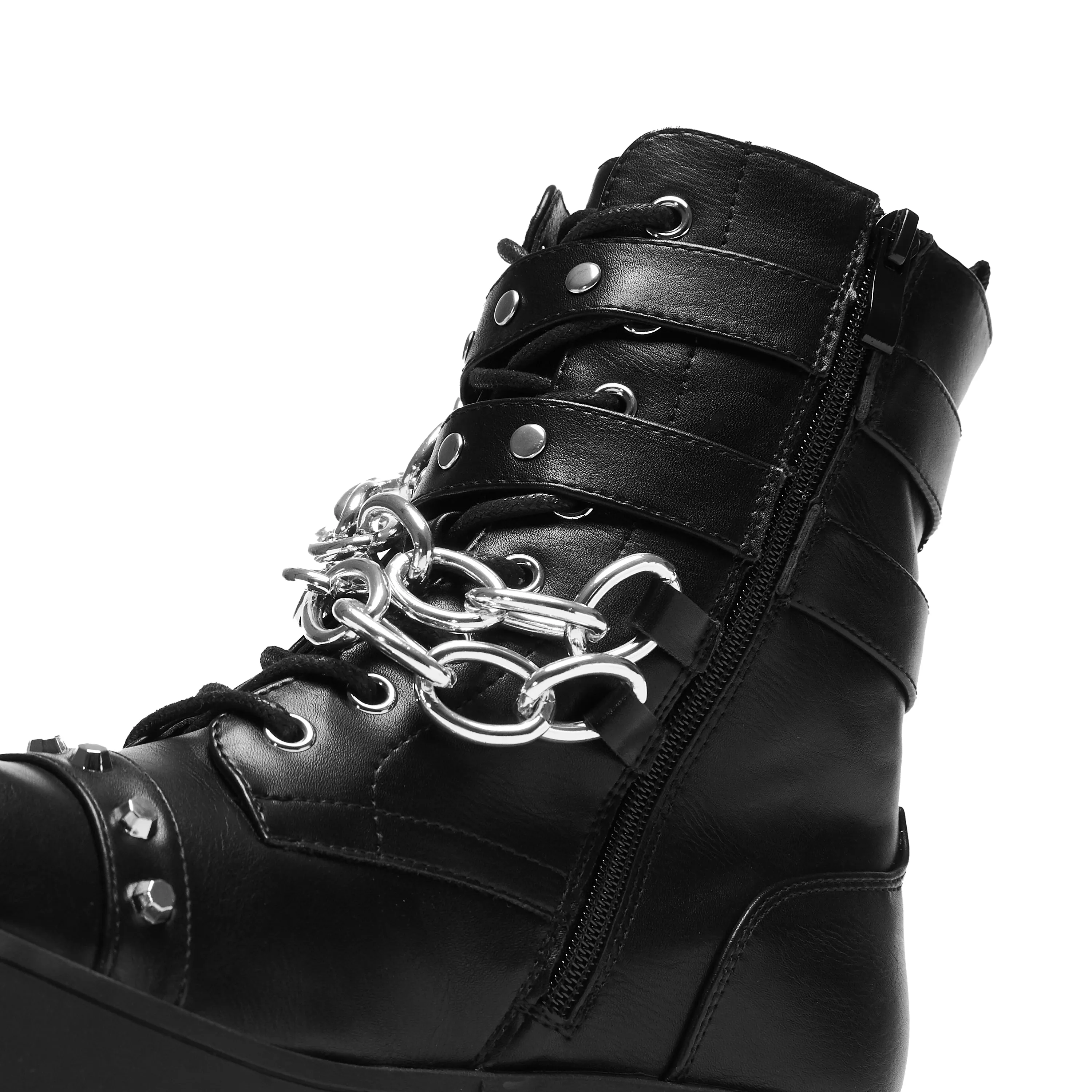 Black Heavy-Duty Chain Biker Boots with Shackled Shadows