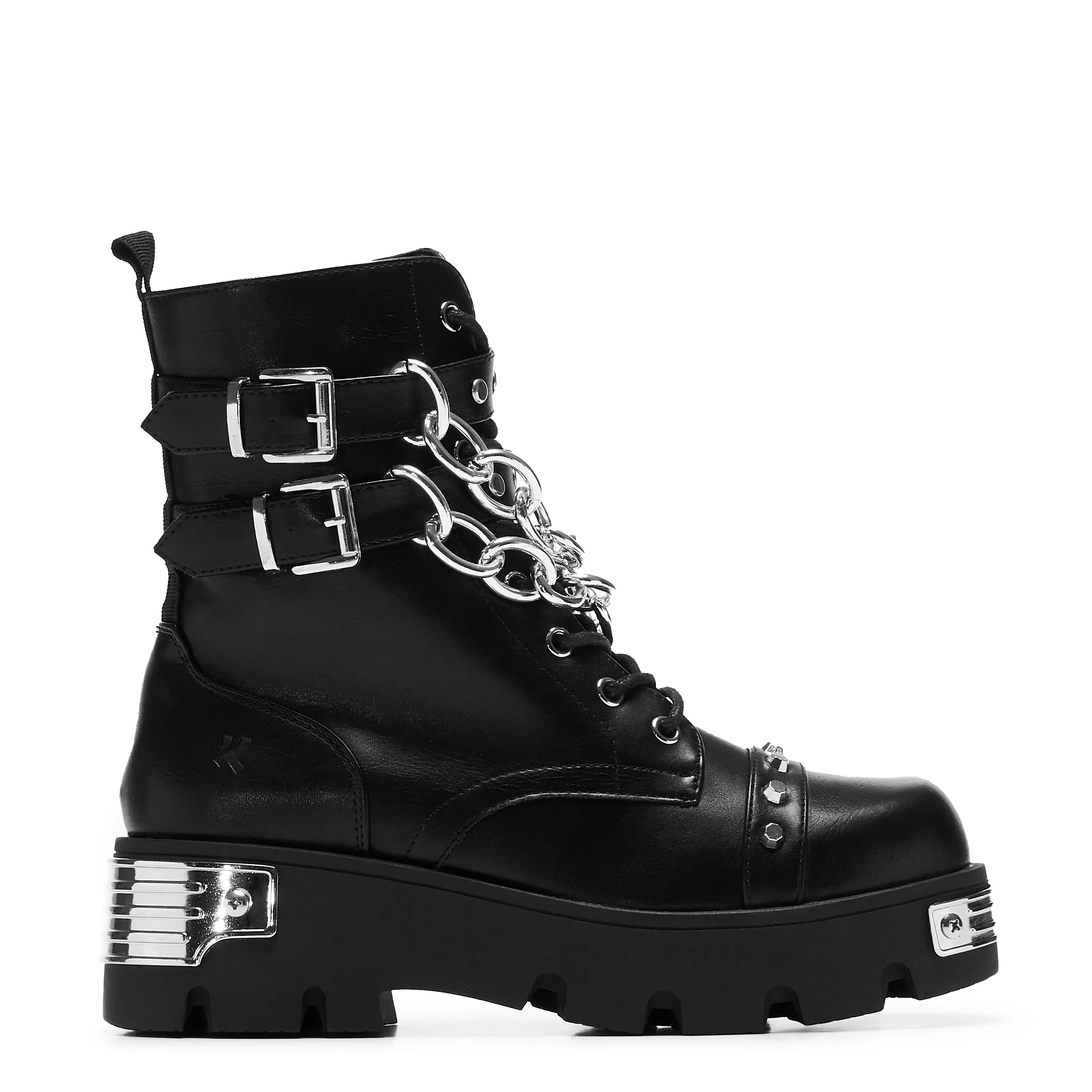 Black Heavy-Duty Chain Biker Boots with Shackled Shadows