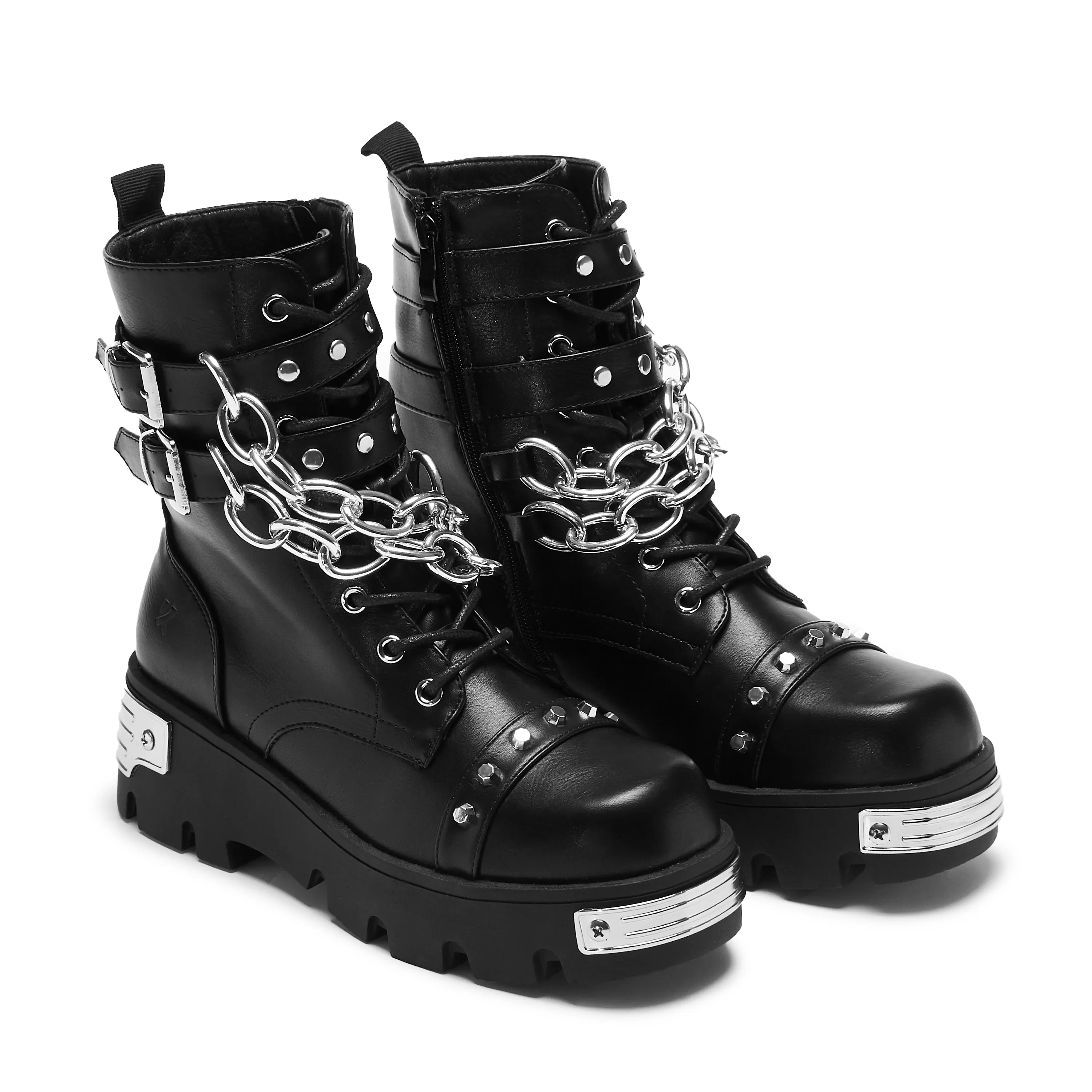 Black Heavy-Duty Chain Biker Boots with Shackled Shadows