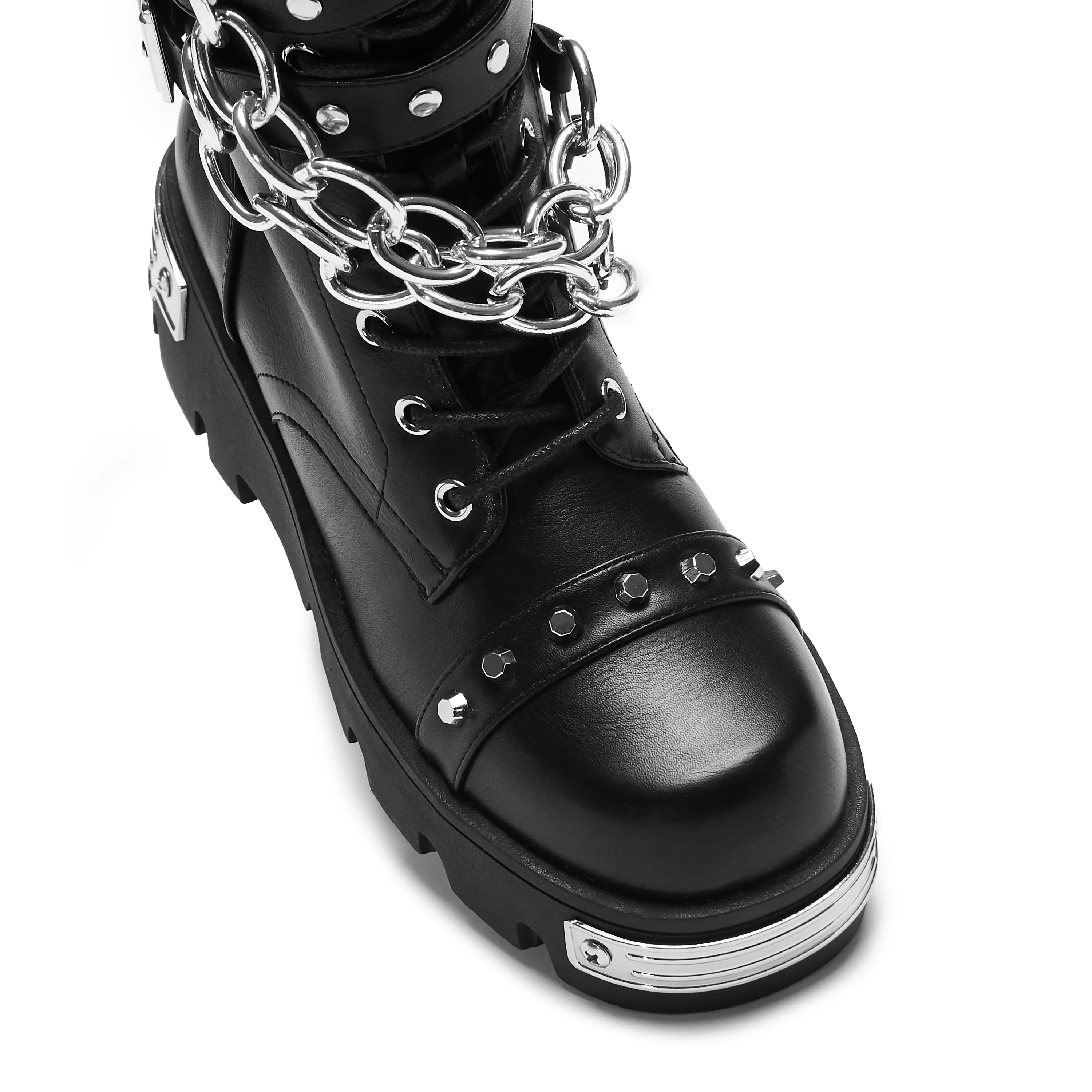 Black Heavy-Duty Chain Biker Boots with Shackled Shadows