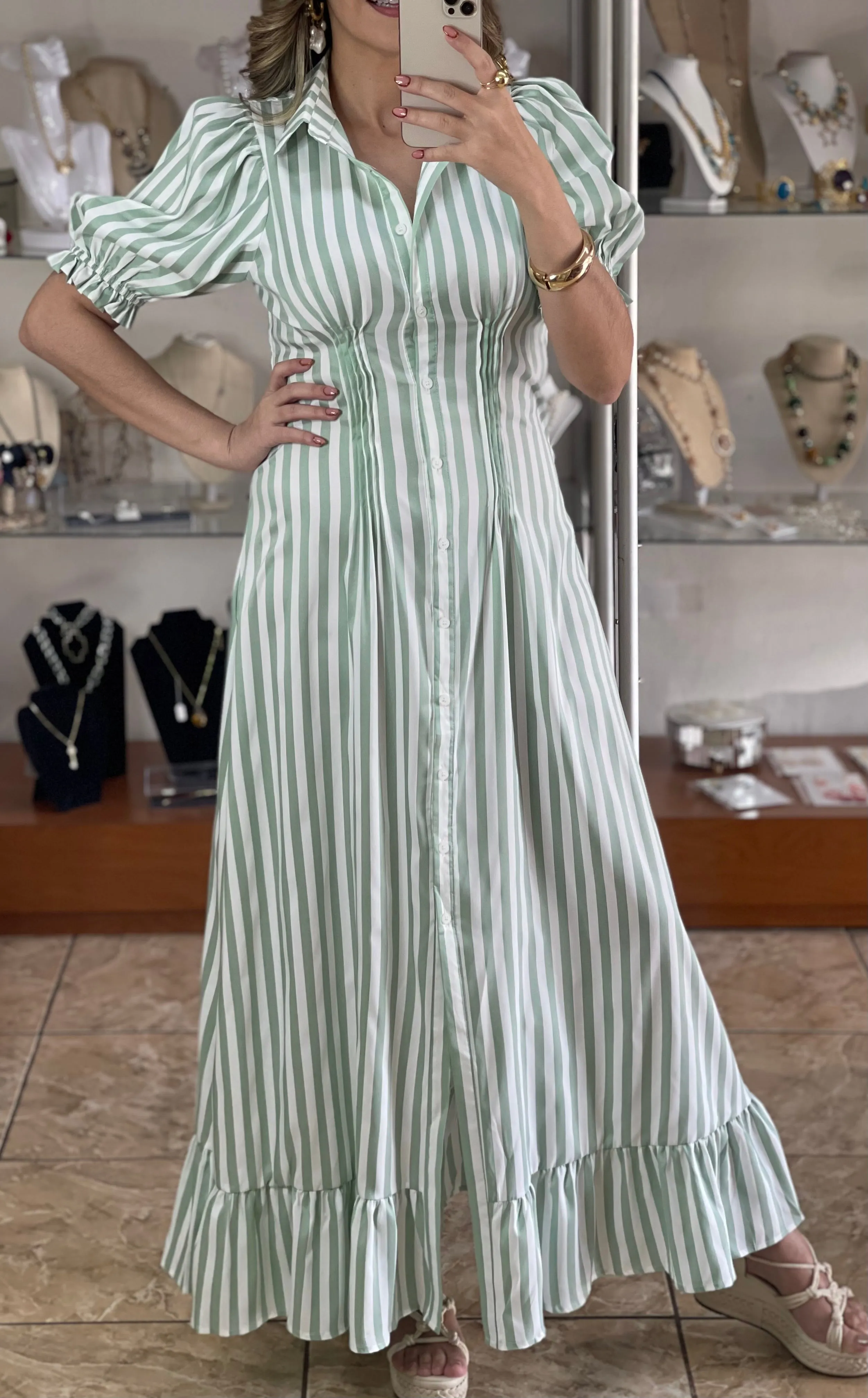 Stripes Bubble Sleeve Maxi Dress