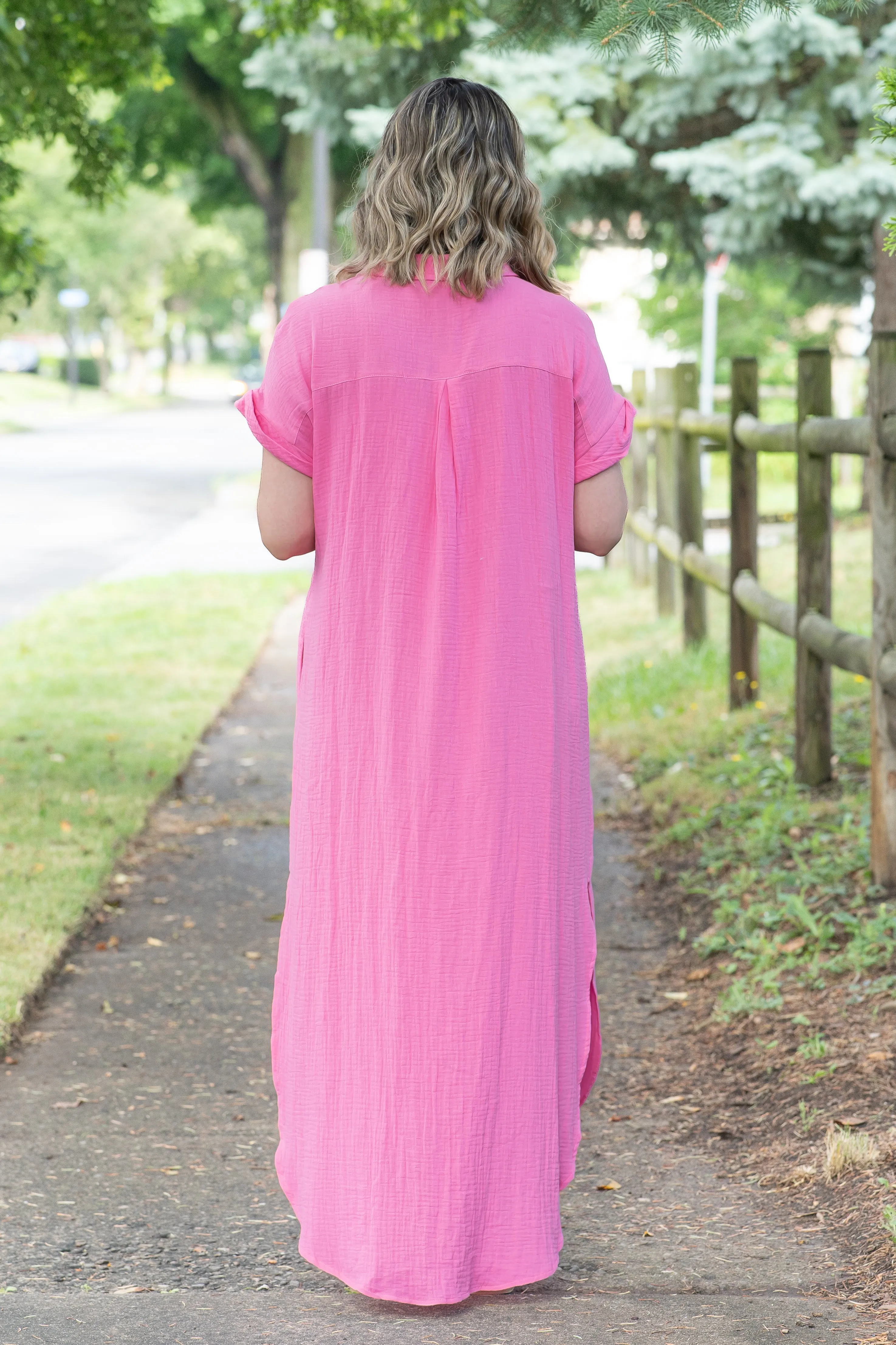 The Banks Button Up Shirt Dress in Fuschia