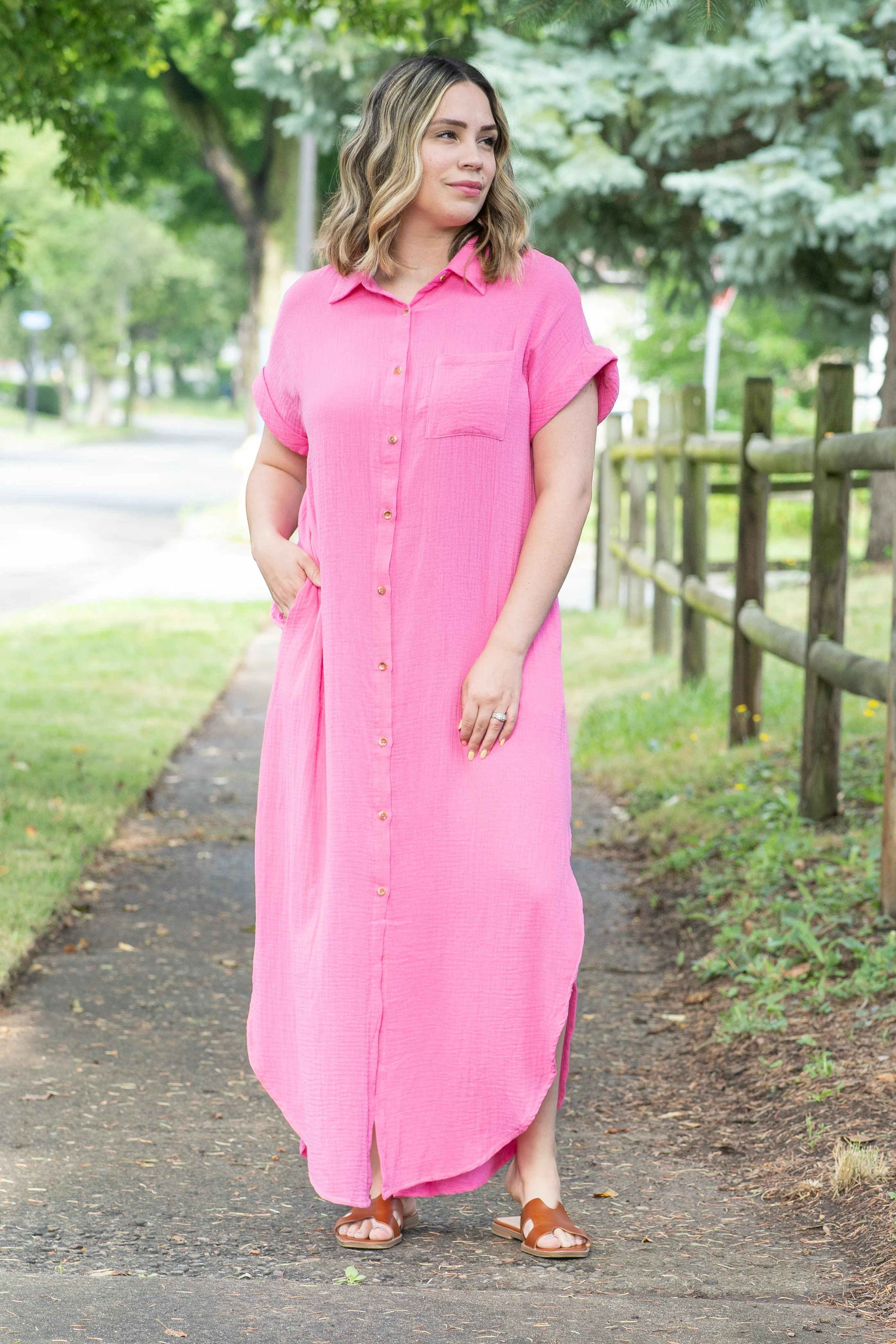 The Banks Button Up Shirt Dress in Fuschia