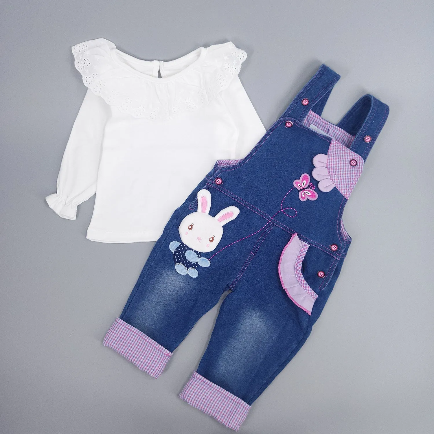 Toddler Girl Bunny Style Soft Denim Overalls Set