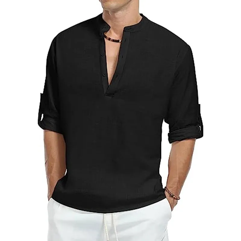 West Louis™ Cotton Long Sleeve Band Collar Henley Shirt