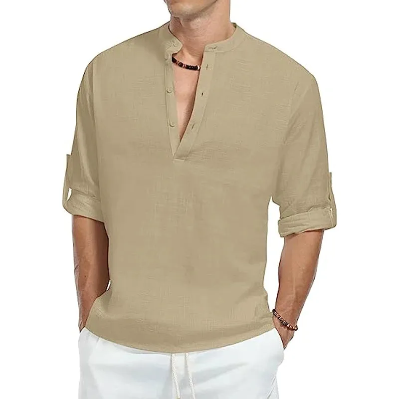 West Louis™ Cotton Long Sleeve Band Collar Henley Shirt