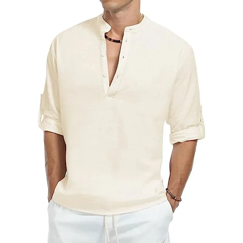 West Louis™ Cotton Long Sleeve Band Collar Henley Shirt