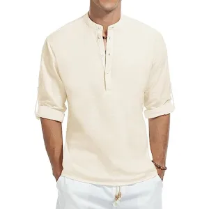 West Louis™ Cotton Long Sleeve Band Collar Henley Shirt